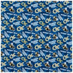 Width: 43" - 44" Color: Blue, Gold, Black & White Pattern: Stripes Weight: Lightweight Country Of Origin: Korea Content: 100% Cotton Flammability Note: Not For Sleepwear Care: Machine Wash, Cold Do Not Bleach Tumble Dry Low Use Cool Iron Channel your sporty side with a handmade creation! Georgia Tech Collegiate Cotton Fabric boasts a blue background with faded letters and black speckles, giving the fabric a visually pleasing appearance. It has images of the school mascot and the name of the scho Baking Art, Visually Pleasing, Themed Accessories, Black White Pattern, School Pride, Yellow Jacket, School Mascot, Frame Crafts, Name Logo