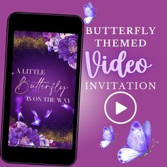 the butterfly themed video is on the phone screen and there are butterflies flying around it