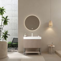 a white sink sitting under a round mirror next to a potted plant in a bathroom