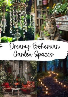 a collage of photos with cats and candles in them, including an old - fashioned garden