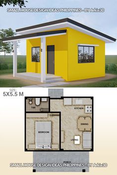 the small house is yellow and has two windows on each side, and an open floor plan