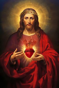 jesus holding a heart in his hands with the light coming from it's center