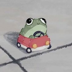 a cartoon frog driving a toy car on the road with another frog in it's seat