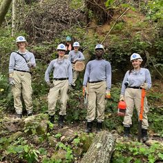 five people standing in the woods with trees and plants around them, wearing hard hats