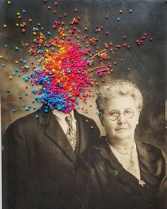 an old black and white photo with sprinkles in the shape of a man and woman