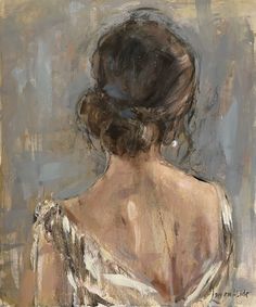 an oil painting of a woman's back with hair in her bun and dress