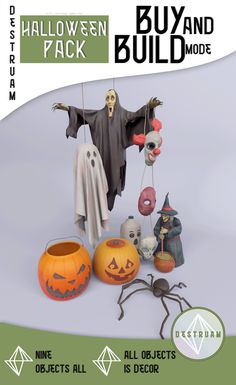 an image of halloween decorations on the webpage for buy and build model kits, with instructions to make them look like they are in real life