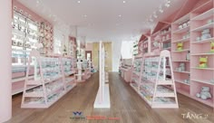 the inside of a store with pink shelves