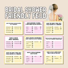 the bridal shower game for brides is shown in pink, yellow and blue