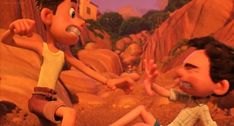 an animated scene with two people sitting on the ground and one is holding his hand out to another person