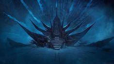 a giant iron throne sitting in the middle of a dark blue room with stairs leading up to it