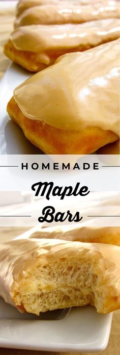 homemade maple bars on a white plate with text overlay that reads homemade maple bars