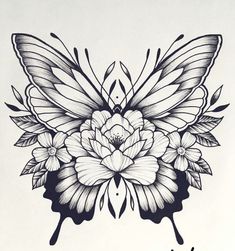 a black and white drawing of a flower with butterfly wings on it's back