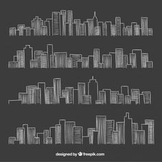 hand drawn cityscapes in white on black background with space for your own text