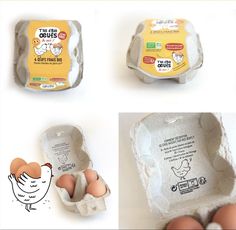 an egg carton with four different pictures of eggs in it and the inside of one