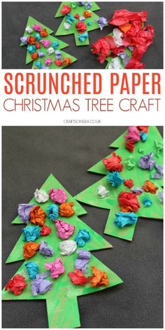 paper christmas tree craft for kids that is made with crepe paper and tissue paper