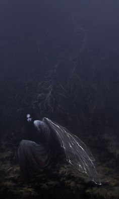 a painting of a woman sitting in the dark with her wings spread out and head down