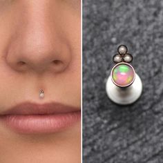 a woman's nose and nose piercings are shown in two different pictures, one with