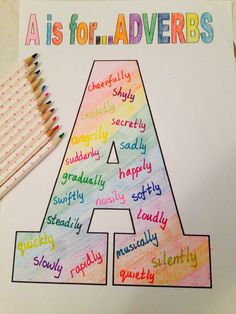 a is for adverbs poster with pencils and crayons on the table