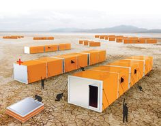 there are many orange boxes in the desert