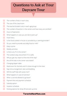 a pink question sheet with the words questions to ask at your daycare tour