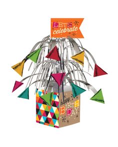 a birthday card in a gift box with streamers and confetti on top