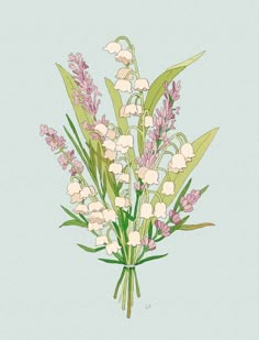 a bouquet of flowers with green leaves on a light blue background is featured in this illustration