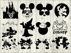 mickey mouse silhouettes on wood background with various disney characters in black and white colors