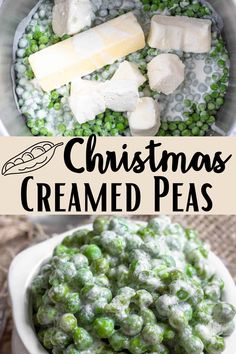 christmas creamed peas in a bowl with cheese on top and the words, christmas creamed peas