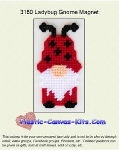 A cute magnet for the Ladybug and gnome lover! Made with 7-count plastic canvas and worsted-weight yarn. Skill Level: Beginner PDF Downloads are available as soon as you buy the product. PDF viewing software such as Acrobat is needed to view patterns. Pattern by Mail comes to directly to you via USPS. We put all our patterns in a plastic protective sleeve for added protection when mailed. A Kit includes everything needed to make one magnet (7-count plastic canvas, worsted weight yarn, magnet, plastic canvas needle and full instructions and graphs). Finished Size 5" Tall and 2.5" Wide Plastic Canvas Gnomes Patterns, Plastic Canvas Gnome, Ladybug Gnome, Miscellaneous Gifts, The Ladybug, Square Baskets, 25 Days Of Christmas, Plastic Canvas Patterns Free, Calendar Gifts