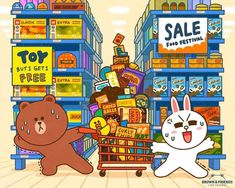 two teddy bears and a bunny are in front of a store display with toys for sale