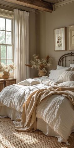 a bed with white linens and pillows in a bedroom next to a large window