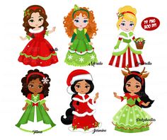 christmas girls clipart with different outfits and hair styles for each girl in the holiday season