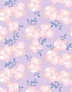 an abstract floral pattern with pink and blue flowers on a purple background, suitable for wallpaper or fabric