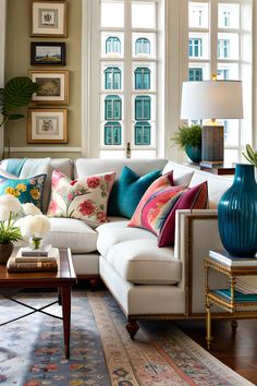 a living room filled with furniture and lots of windows