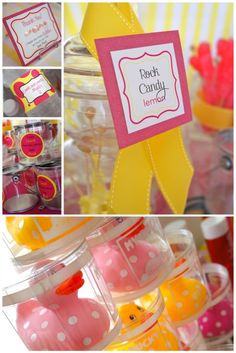 a baby shower party with pink and yellow items