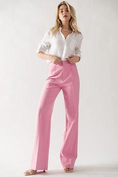 Our Pinkie pants feature: Wide leg dress pant; Back only elastic at waistband; Gorgeous pink color; Comfort fabric with minimal wrinkling. Fit is generous: model is 5'7" and wearing a size small. Also note model is wearing a heel; Color may vary depending on your monitor resolution. Pictured on model with our Shannon classic fit long sleeve button up. Pink Trousers Outfit, Spring Office Wear, Pink Pants Outfit, Slacks Outfit, Wide Leg Slacks, Pink Wardrobe, Bright Colored Outfits, Outfits Colorful, Look Rose