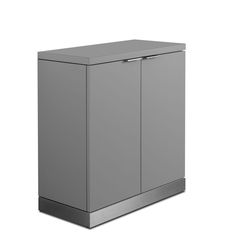 a gray cabinet with two doors on the side