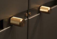 two metal cupboards with gold knobs on them