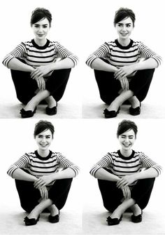 four different pictures of a woman sitting on the ground with her legs crossed and smiling