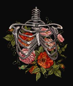 the human skeleton with flowers and leaves on a black background embroidery pattern for clothes or t - shirts