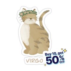 a sticker with a cat wearing a wreath on its head and the words virgo written below it