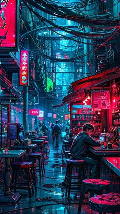 a man sitting at a bar in the middle of an alleyway with neon lights