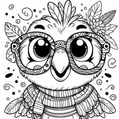 an owl with glasses and a scarf on it's head is shown in black and white