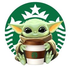 a baby yoda holding a starbucks cup