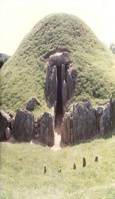 a large stone structure in the middle of a grassy area with rocks and grass around it