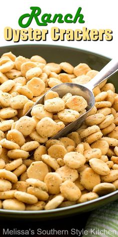 a bowl full of ranch oyster crackers with a spoon in it