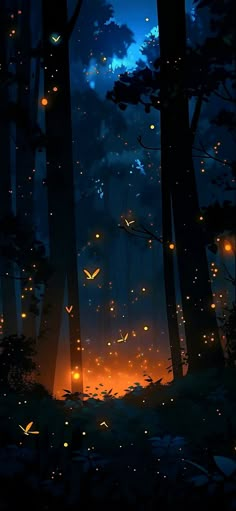 a forest filled with lots of trees covered in fireflies and flying moths at night