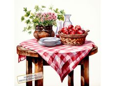 a painting of apples and flowers on a table with a red checkered tablecloth