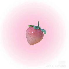 a single strawberry is floating in the air on a pink and white background with green leaves